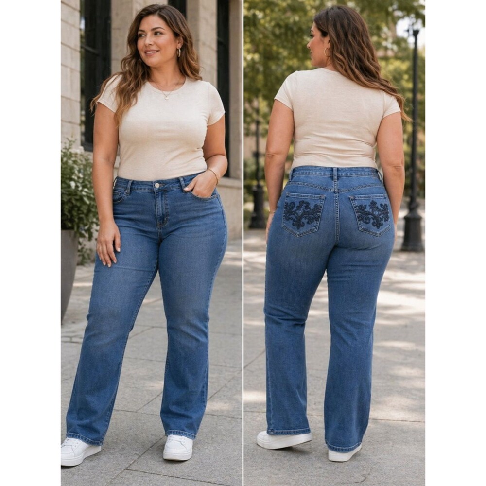 Chico’s Platinum Denim Jeans Size 2 Blue Straight Stretch Embroidered